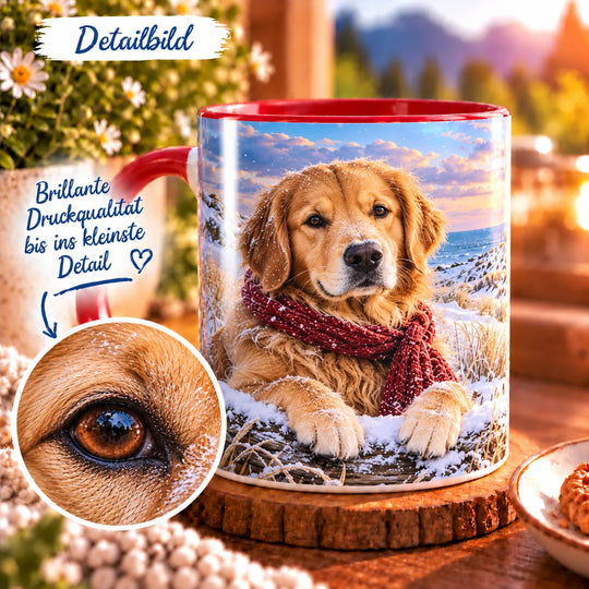 Detailansicht des Golden-Retriever-Motivs mit braunen Augen, feinem goldfarbenem Fell und schneebedecktem rotem Strickschal.