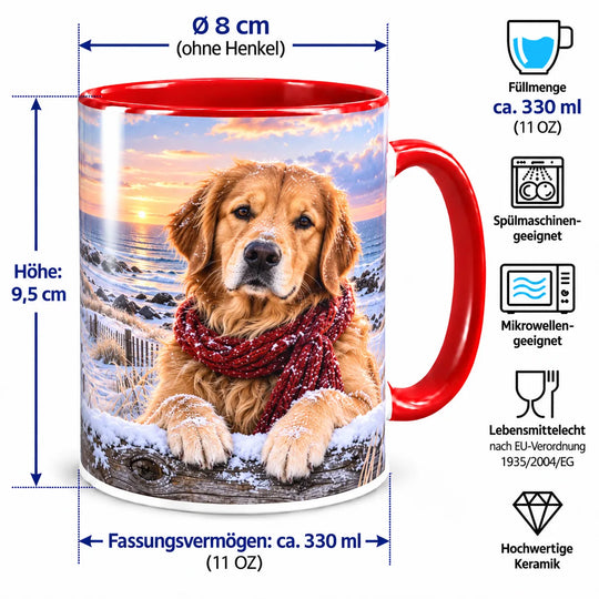 Golden-Retriever-Tasse mit Maßangaben: 9,5 cm Höhe, 8 cm Durchmesser ohne Henkel und ca. 330 ml Inhalt; spülmaschinen- und mikrowellengeeignet.