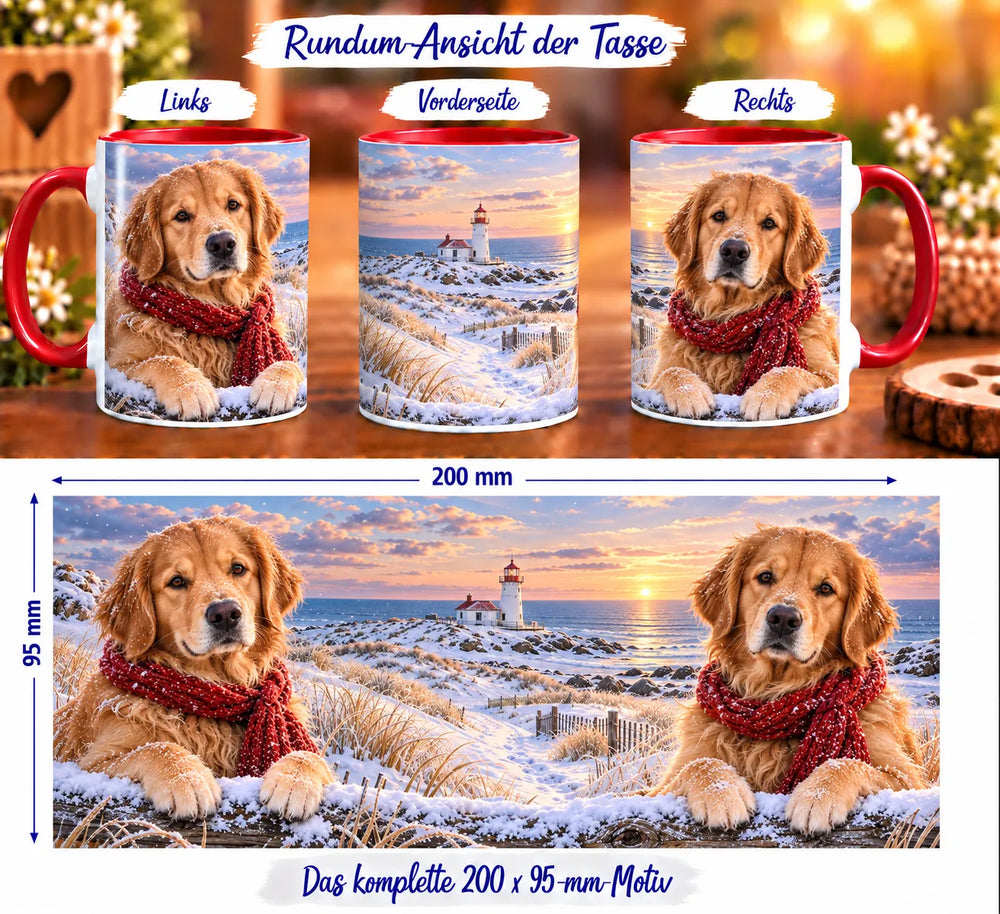 Rundumansicht der Golden-Retriever-Tasse mit zwei Hunden, roten Schals und winterlicher Küstenlandschaft mit Leuchtturm, Dünen und Meer.