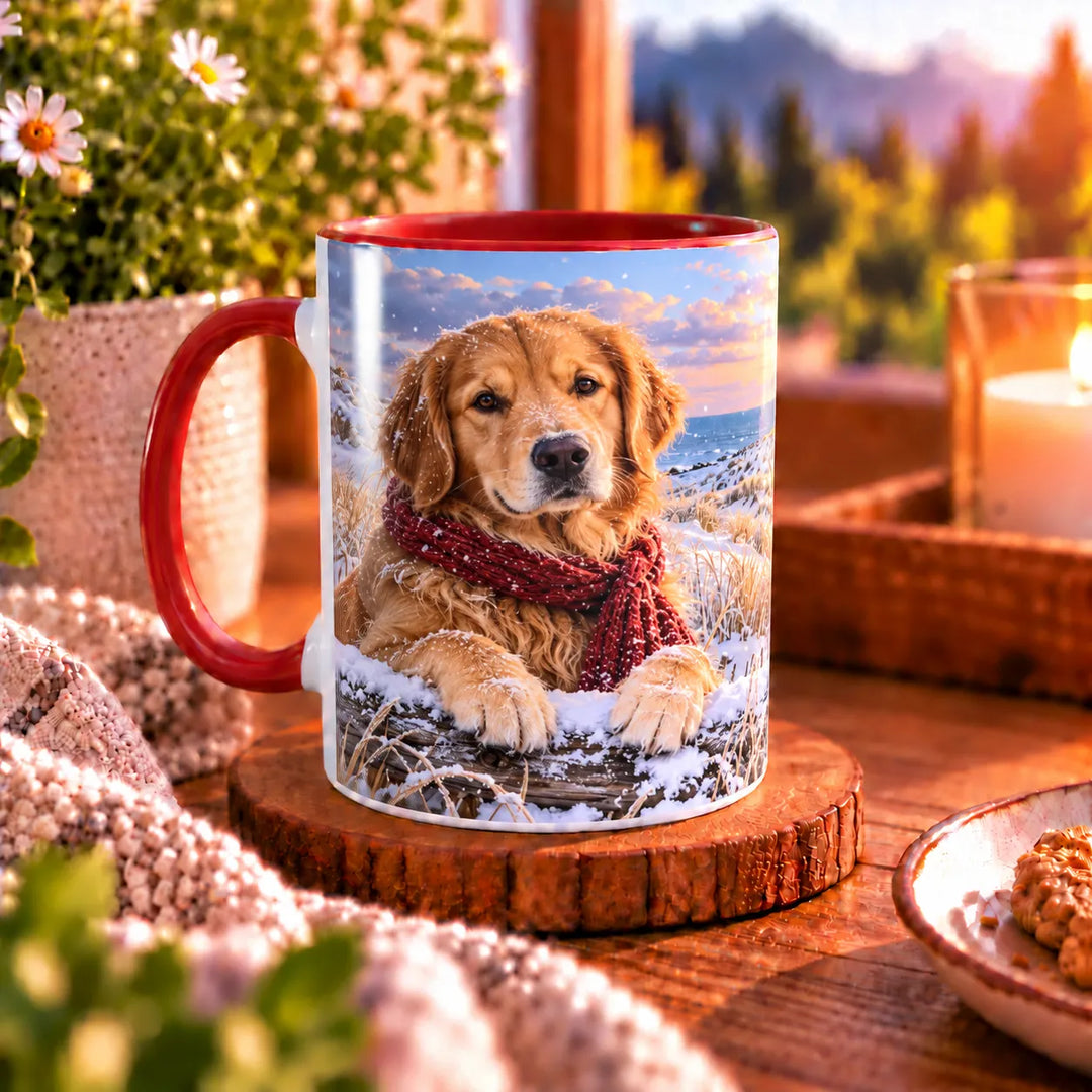 Golden-Retriever-Tasse mit zwei goldfarbenen Hunden in roten Strickschals vor einer verschneiten Küstenlandschaft mit weißem Leuchtturm.