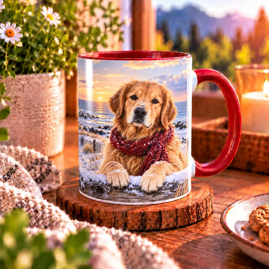 Zweite Ansicht der Golden-Retriever-Tasse mit goldfarbenem Hund, rotem Strickschal und verschneiter Küste mit Leuchtturm im Hintergrund.
