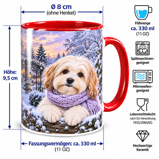 Havaneser-Tasse mit Maßangaben: 9,5 cm Höhe, 8 cm Durchmesser ohne Henkel und ca. 330 ml Inhalt; spülmaschinen- und mikrowellengeeignet.