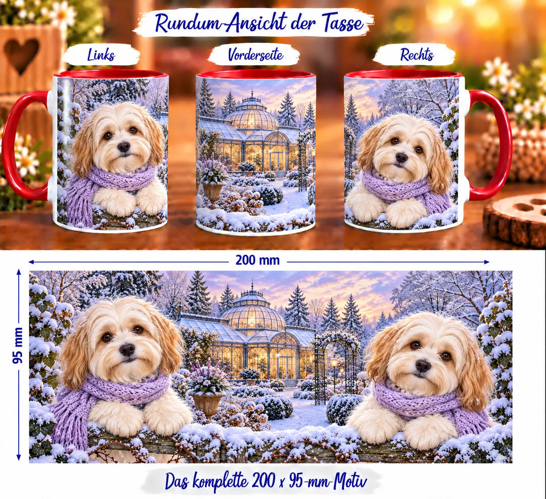 Rundumansicht der Havaneser-Tasse mit zwei Hunden, fliederfarbenen Schals und verschneitem Garten mit beleuchtetem Kuppelbau.