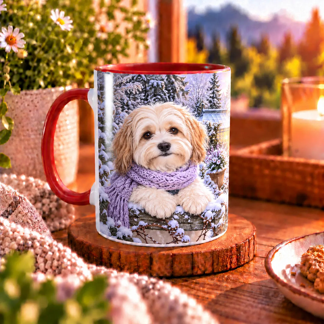 Havaneser-Tasse mit zwei cremefarbenen Hunden in fliederfarbenen Strickschals vor einem beleuchteten gläsernen Wintergarten im Schnee.
