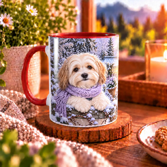Havaneser-Tasse mit zwei cremefarbenen Hunden in fliederfarbenen Strickschals vor einem beleuchteten gläsernen Wintergarten im Schnee.