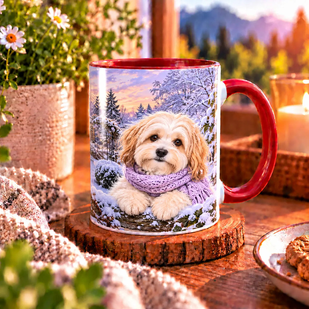 Zweite Ansicht der Havaneser-Tasse mit cremefarbenem Hund, fliederfarbenem Strickschal und verschneitem Garten mit gläsernem Wintergarten.