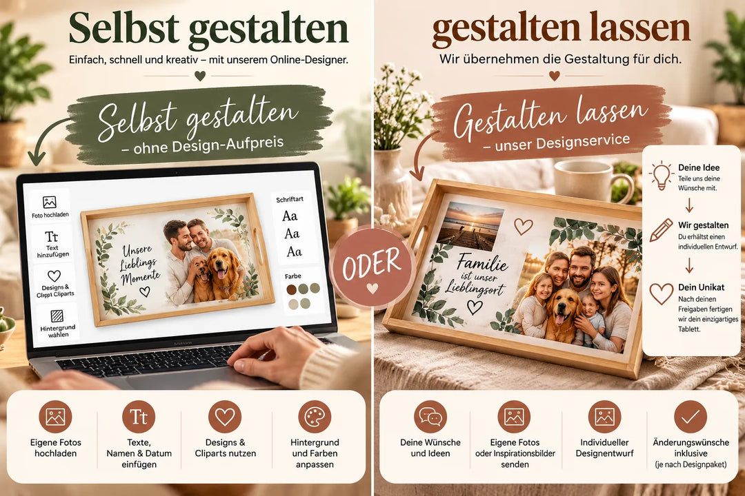 Personalisiertes Holztablett selbst im Online-Designer gestalten oder vom Designservice erstellen lassen