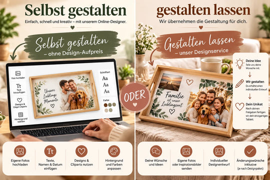 Personalisiertes Holztablett selbst im Online-Designer gestalten oder vom Designservice erstellen lassen