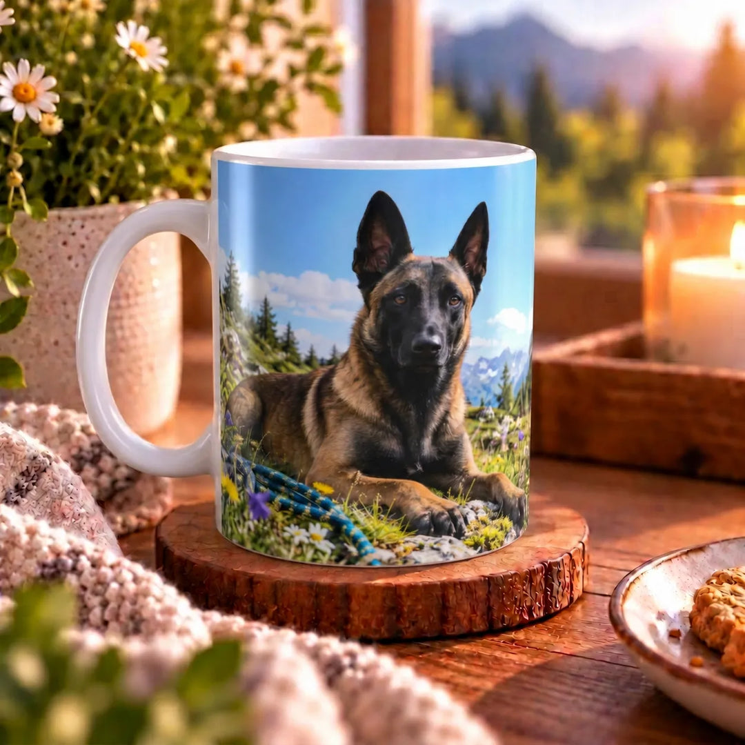 Husky-Tasse mit blauäugigem Husky vor einer Fjordlandschaft und dem Spruch „Dein Kommando. Meine Entscheidung.“