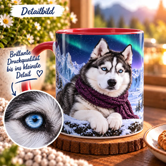 Detailansicht des Husky-Motivs mit leuchtend blauen Augen, grau-schwarz-weißem Fell und dunklem violettem Strickschal.