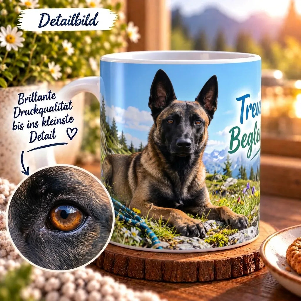Detailansicht des Husky-Motivs mit leuchtend blauen Augen, leicht geneigtem Kopf und fein gezeichnetem grau-schwarz-weißem Fell.