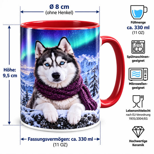 Husky-Tasse mit Maßangaben: 9,5 cm Höhe, 8 cm Durchmesser ohne Henkel und ca. 330 ml Inhalt; spülmaschinen- und mikrowellengeeignet.