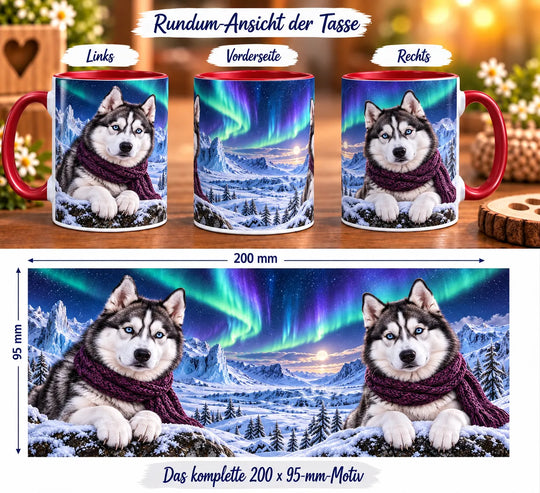 Rundumansicht der Husky-Tasse mit zwei Huskys, violetten Schals und einer verschneiten Berglandschaft unter Polarlichtern und Sternenhimmel.