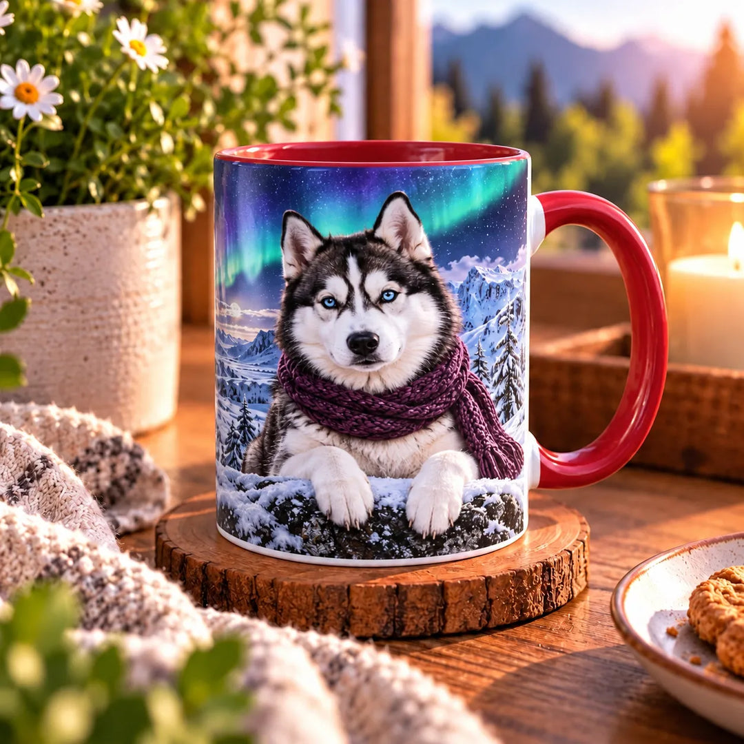 Zweite Ansicht der Husky-Tasse mit blauäugigem Husky, violettem Strickschal und winterlicher Berglandschaft unter leuchtenden Polarlichtern.