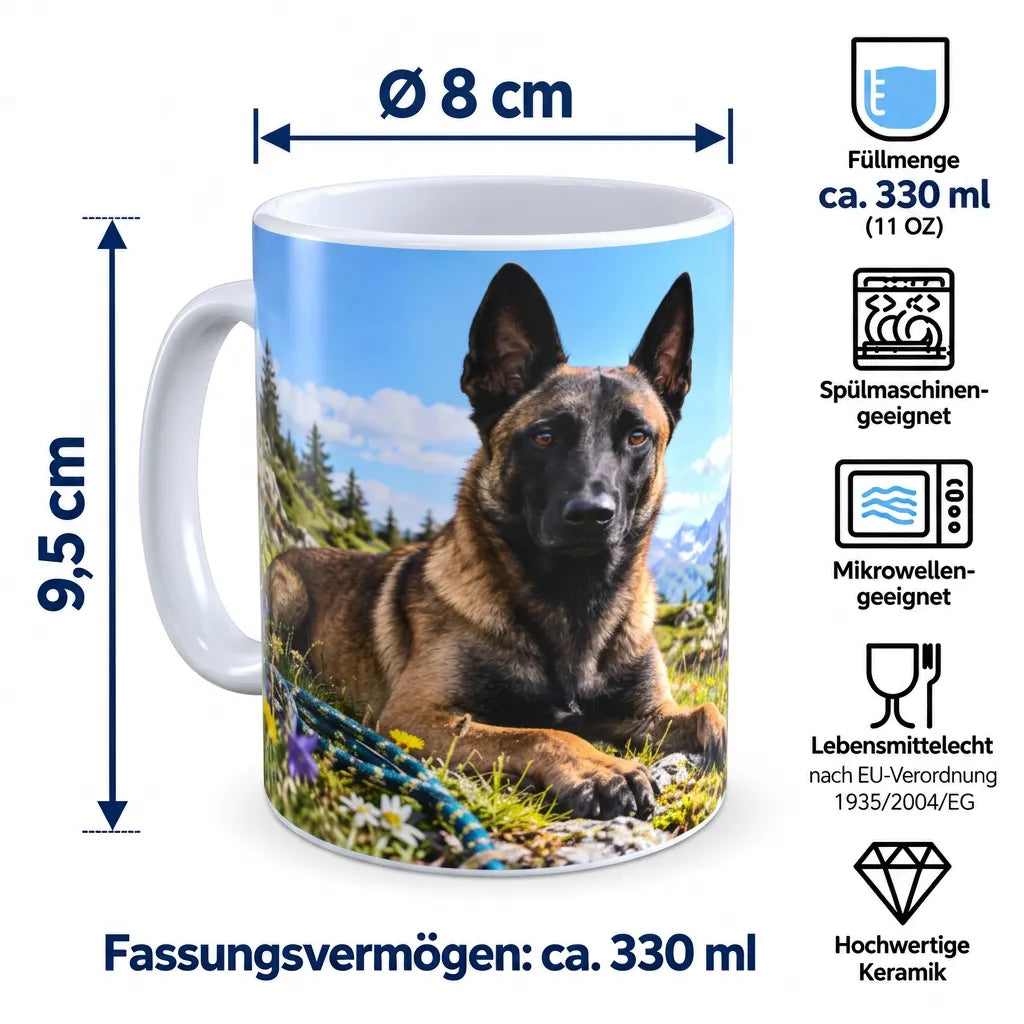 Husky-Tasse mit Maßangaben: 9,5 cm Höhe, 8 cm Durchmesser ohne Henkel und ca. 330 ml Inhalt; spülmaschinen- und mikrowellengeeignet.
