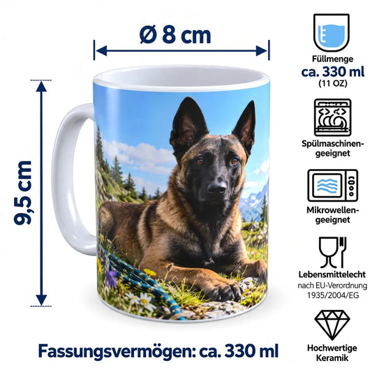 Husky-Tasse mit Maßangaben: 9,5 cm Höhe, 8 cm Durchmesser ohne Henkel und ca. 330 ml Inhalt; spülmaschinen- und mikrowellengeeignet.