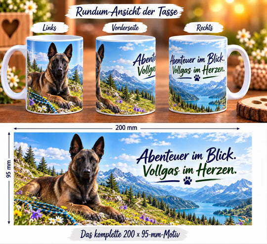Rundumansicht der Husky-Tasse mit liegendem Husky, nordischem Fjordpanorama und dem Spruch „Dein Kommando. Meine Entscheidung.“