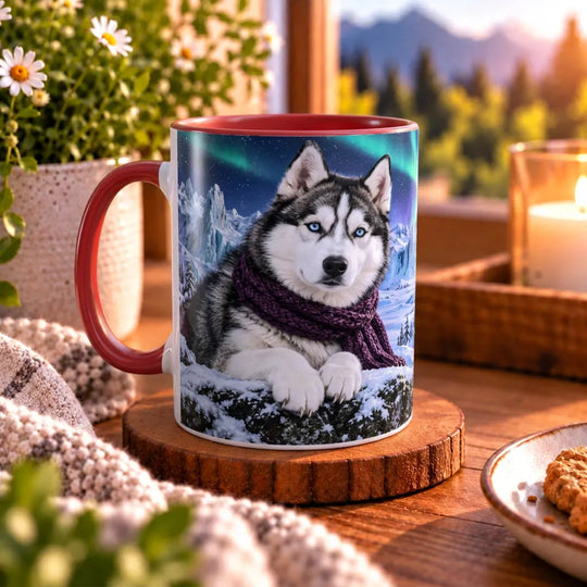 Husky-Tasse mit zwei blauäugigen Huskys in violetten Strickschals vor verschneiten Bergen unter grünen und violetten Polarlichtern.