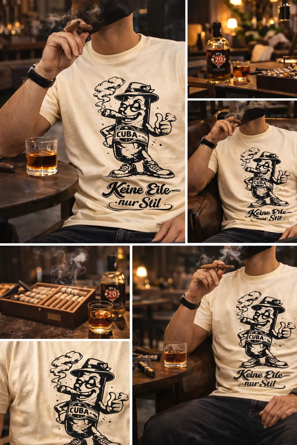 Mann trägt Kuba Zigarren T-Shirt in Zigarrenlounge mit Rumglas und Zigarrenkiste