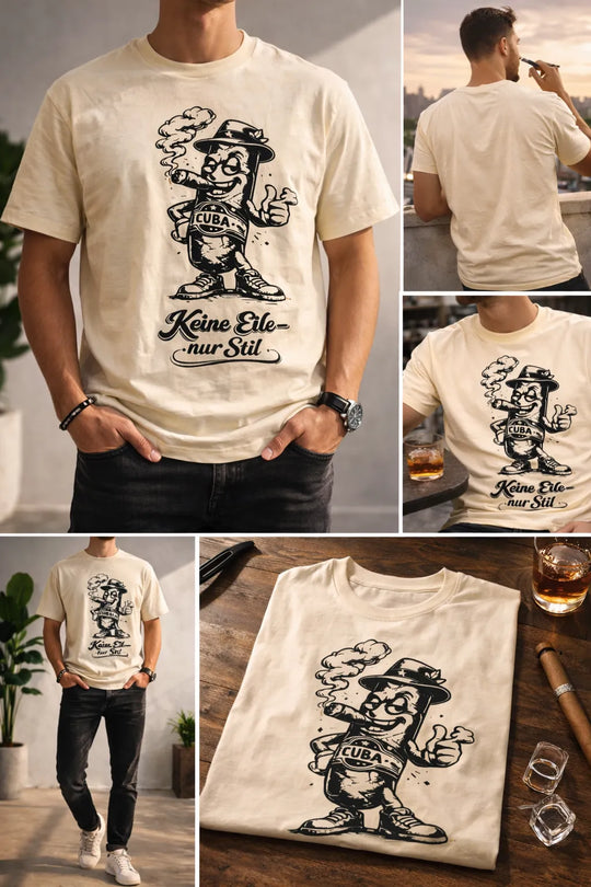 Kuba Zigarren Lifestyle Shirt mit Cartoon Zigarre Motiv und Schriftzug Keine Eile nur Stil