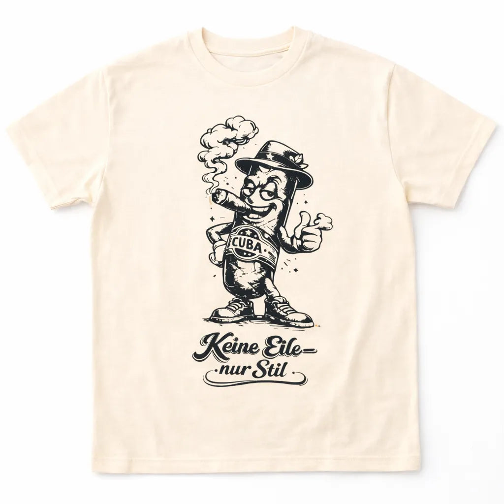 Beiges Kuba Lifestyle T-Shirt mit Zigarrenfigur und Schriftzug „Keine Eile – nur Stil“ auf Baumwollshirt