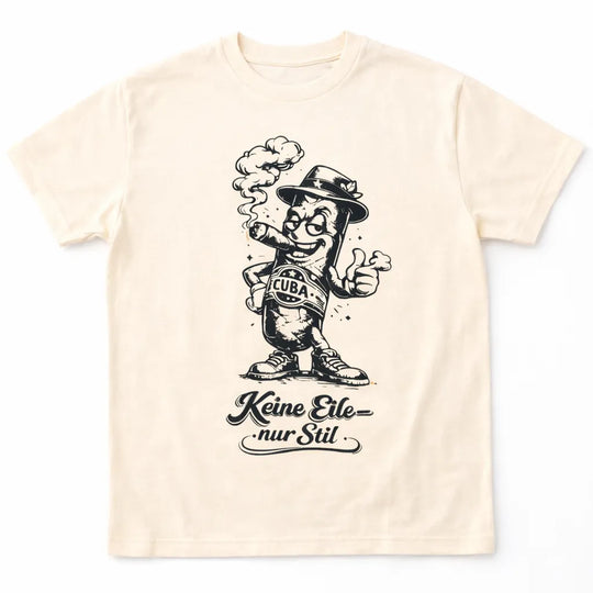 Beiges Kuba Lifestyle T-Shirt mit Zigarrenfigur und Schriftzug „Keine Eile – nur Stil“ auf Baumwollshirt