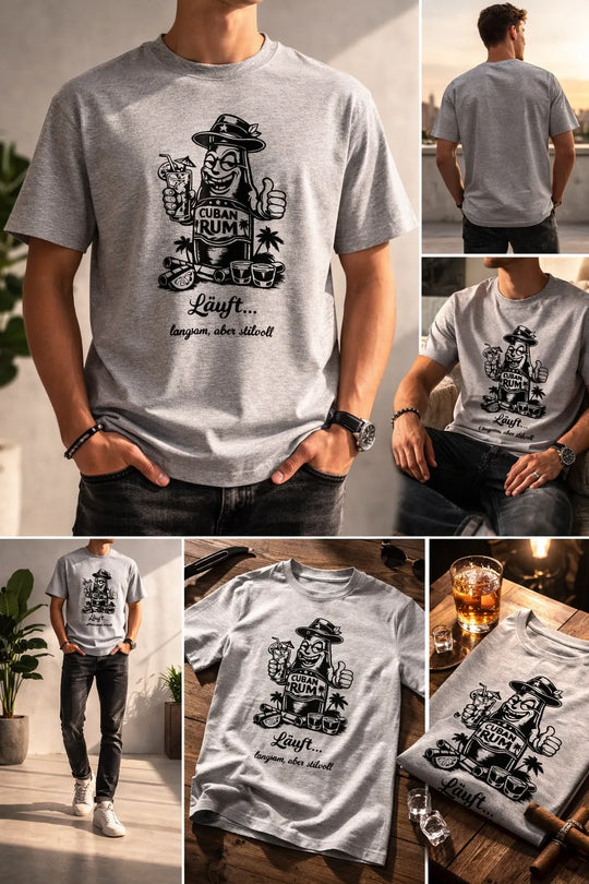 Oversize Kuba T-Shirt „Kubanischer Rum“ in Hellgrau im Lifestyle-Setting mit Tisch und Rumglas, lässiger Streetwear-Look