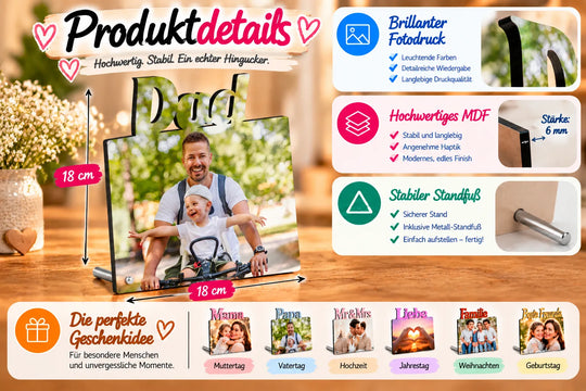 Personalisierter MDF-Fotoaufsteller in 18 × 18 cm aus 6 mm MDF mit brillantem Fotodruck und stabilem Metall-Standfuß