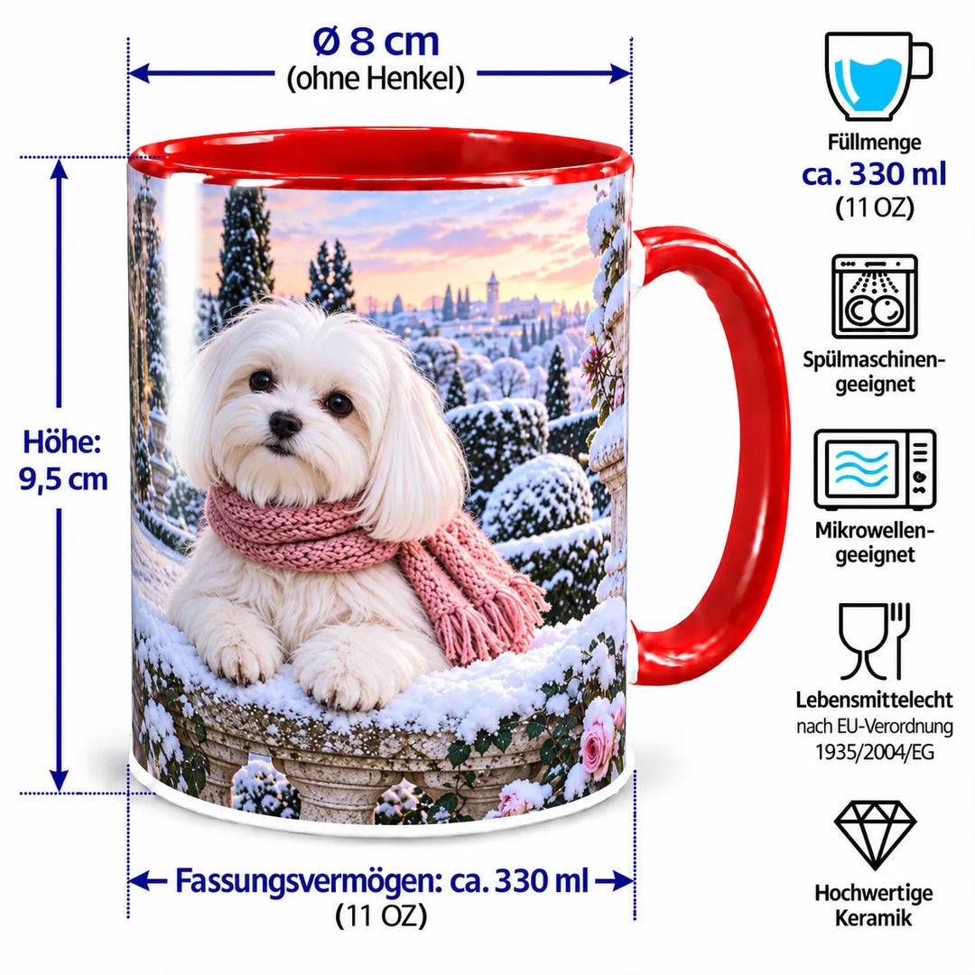 Malteser-Tasse mit Maßangaben: 9,5 cm Höhe, 8 cm Durchmesser ohne Henkel und ca. 330 ml Inhalt; spülmaschinen- und mikrowellengeeignet.