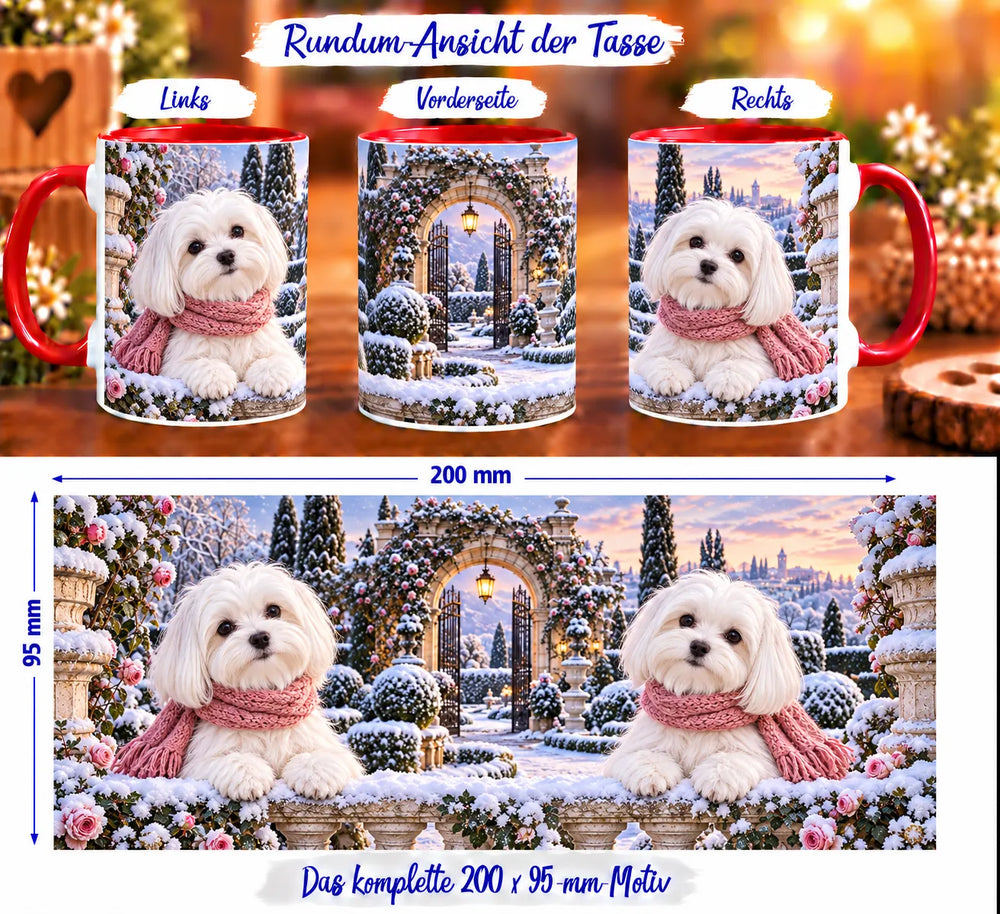 Rundumansicht der Malteser-Tasse mit zwei weißen Hunden, rosa Schals und verschneitem Rosengarten mit Torbogen und leuchtender Laterne.