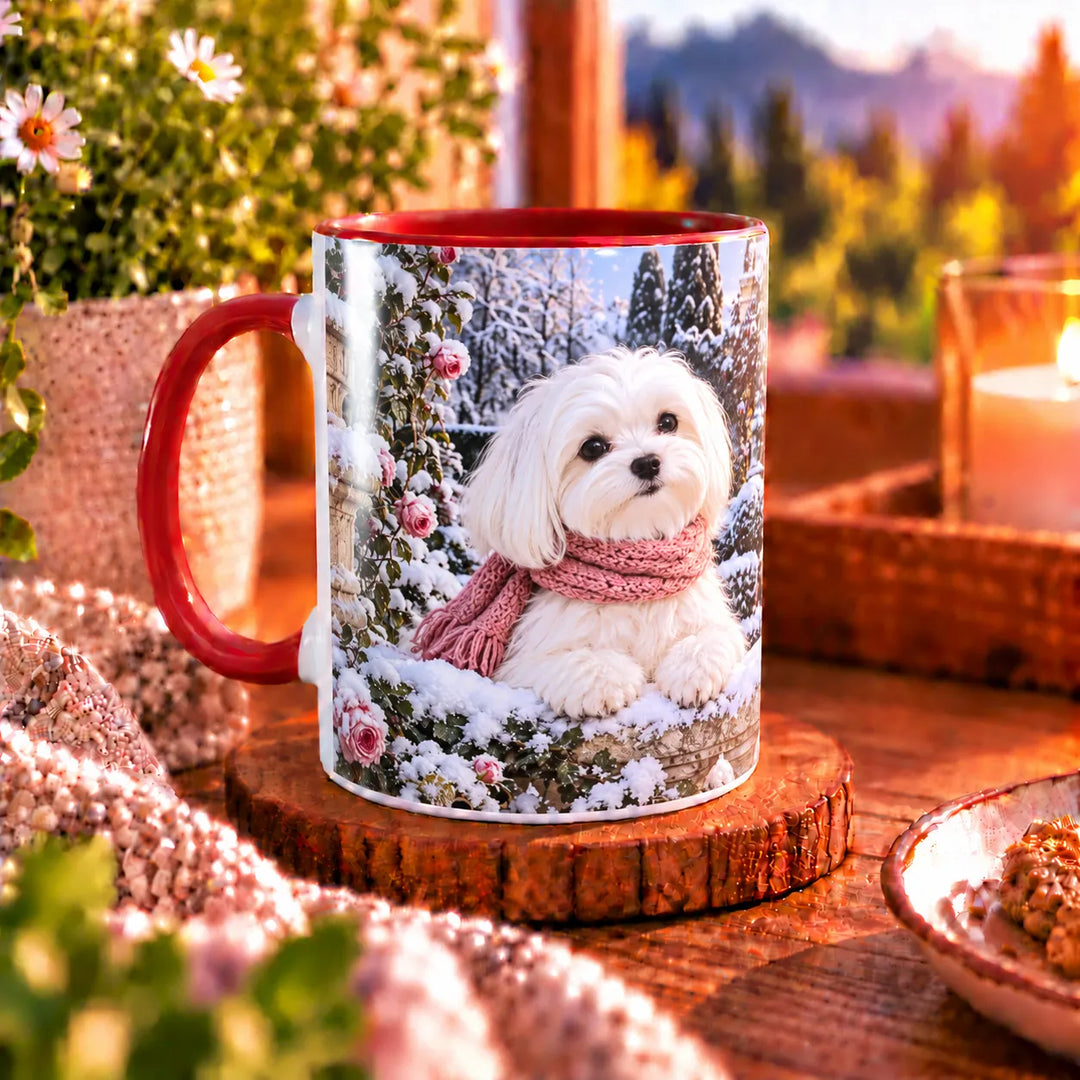 Malteser-Tasse mit zwei weißen Hunden in altrosafarbenen Strickschals vor einem verschneiten Rosengarten mit steinernem Torbogen.