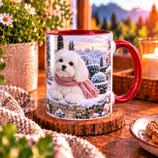 Zweite Ansicht der Malteser-Tasse mit weißem Hund, altrosafarbenem Strickschal und romantischer Winterlandschaft mit Rosen und Gartentor.