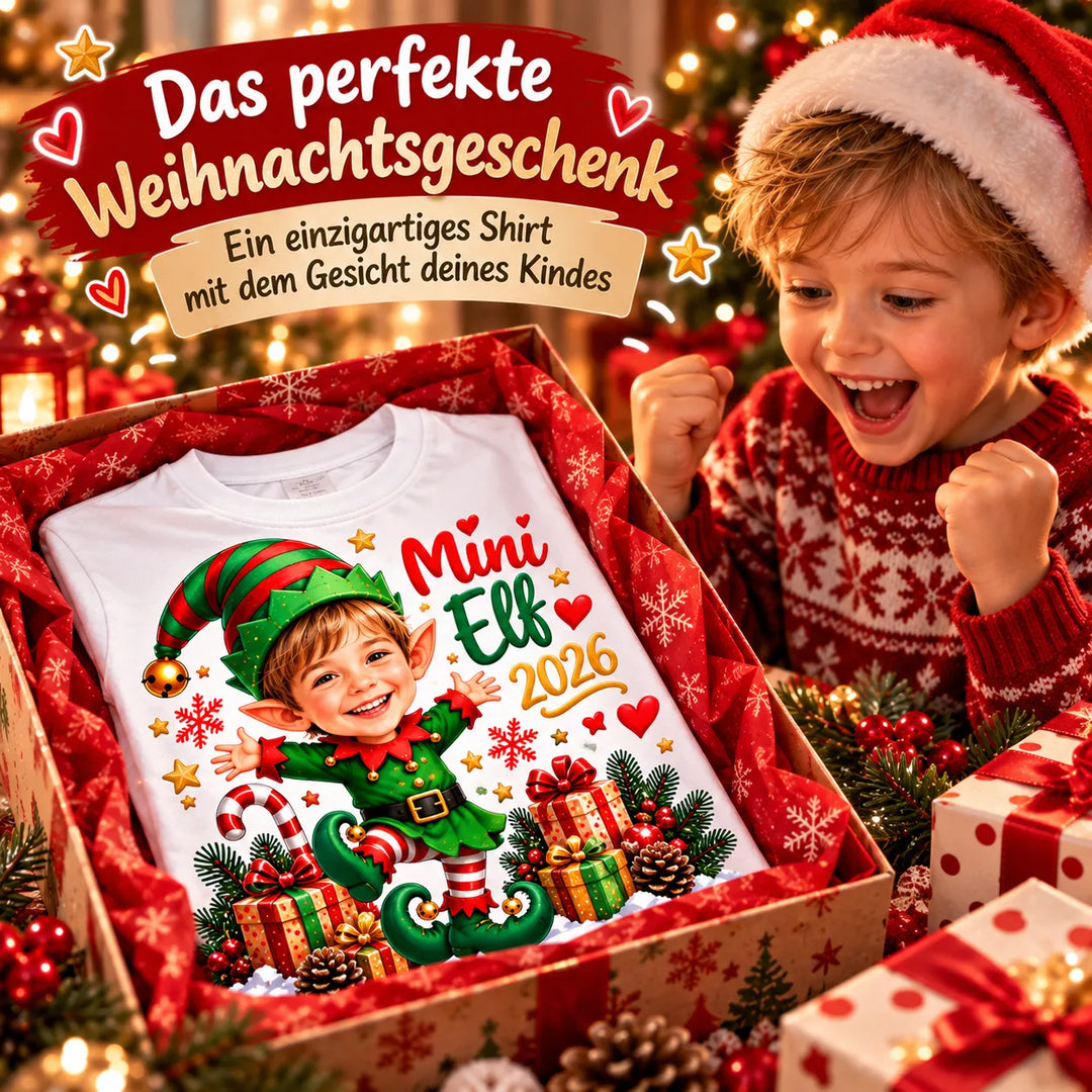 Kind betrachtet ein personalisiertes Mini-Elf-Weihnachtsshirt in einer Geschenkbox mit dem Schriftzug „Das perfekte Weihnachtsgeschenk“.