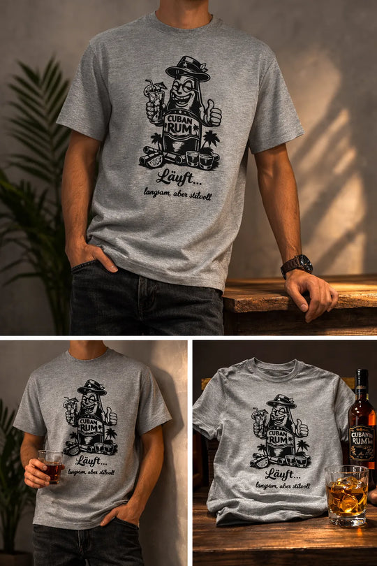Oversize Unisex T-Shirt „Kubanischer Rum“ in Hellgrau, getragen am Model und als Lifestyle-Aufnahme mit Rumglas im Kuba-Stil