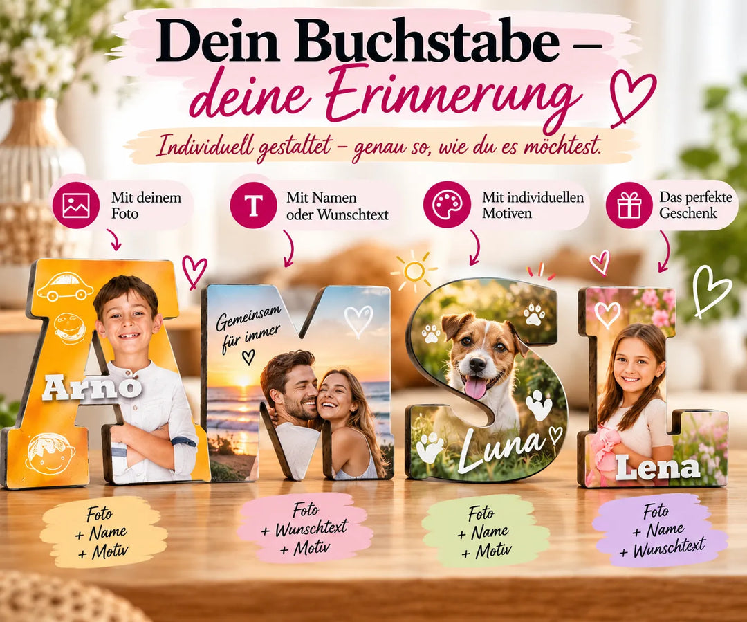 Verschiedene personalisierte Buchstaben mit Foto, Name, Wunschtext und individuellen Motiven
