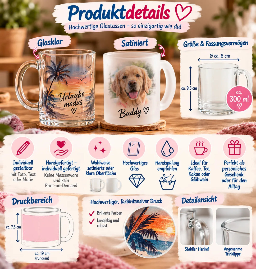 Produktdetails der personalisierten Glastasse mit 300 ml Fassungsvermögen, klarem oder satiniertem Glas und individuellem Druck