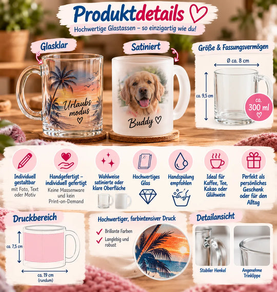 Produktdetails der personalisierten Glastasse mit 300 ml Fassungsvermögen, klarem oder satiniertem Glas und individuellem Druck