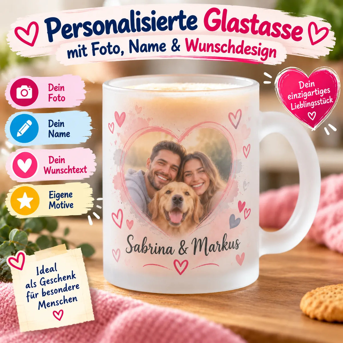 Personalisierte Glastasse mit Foto, Name und Wunschdesign – individuell bedruckte Glastasse als Geschenk