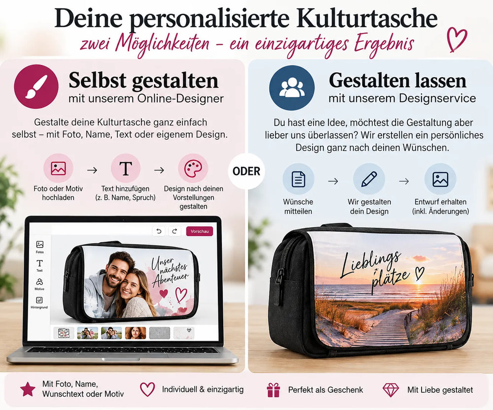 Personalisierte Kulturtasche im Online-Designer selbst gestalten oder optional unseren Designservice für die individuelle Gestaltung nutzen