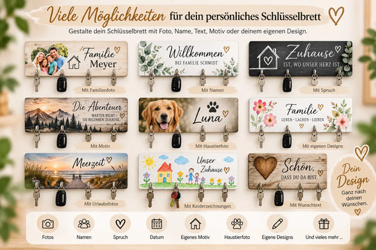 Personalisierte Schlüsselbretter mit Familienfoto, Namen, Spruch, Haustierfoto, Urlaubsfoto, Kinderzeichnung oder Wunschmotiv