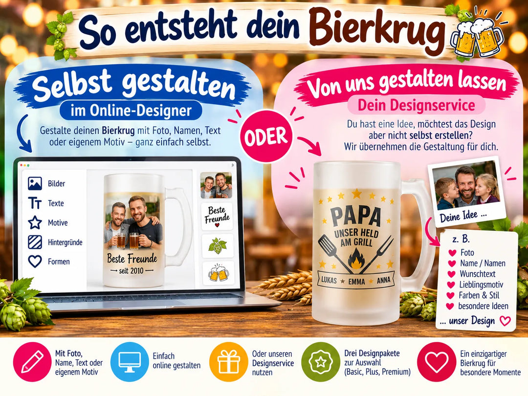 Personalisierten Bierkrug selbst im Online-Designer gestalten oder unseren Designservice nutzen
