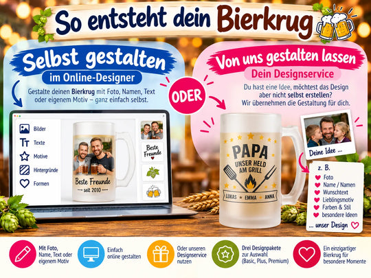 Personalisierten Bierkrug selbst im Online-Designer gestalten oder unseren Designservice nutzen