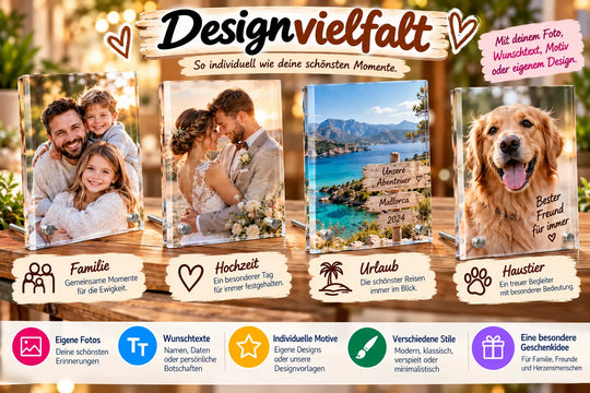 Personalisierte Fotoaufsteller mit verschiedenen Designs für Familie, Hochzeit, Urlaub und Haustiere