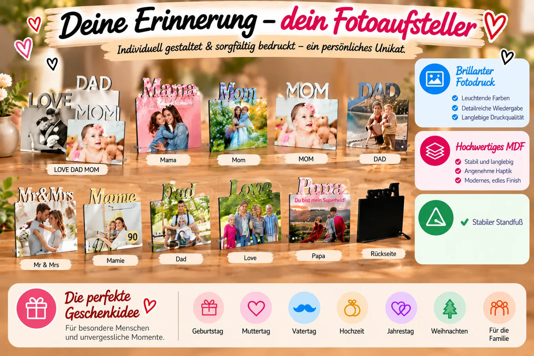 Personalisierte MDF-Fotoaufsteller mit eigenem Foto und verschiedenen Schriftzügen als persönliche Erinnerung und Geschenkidee
