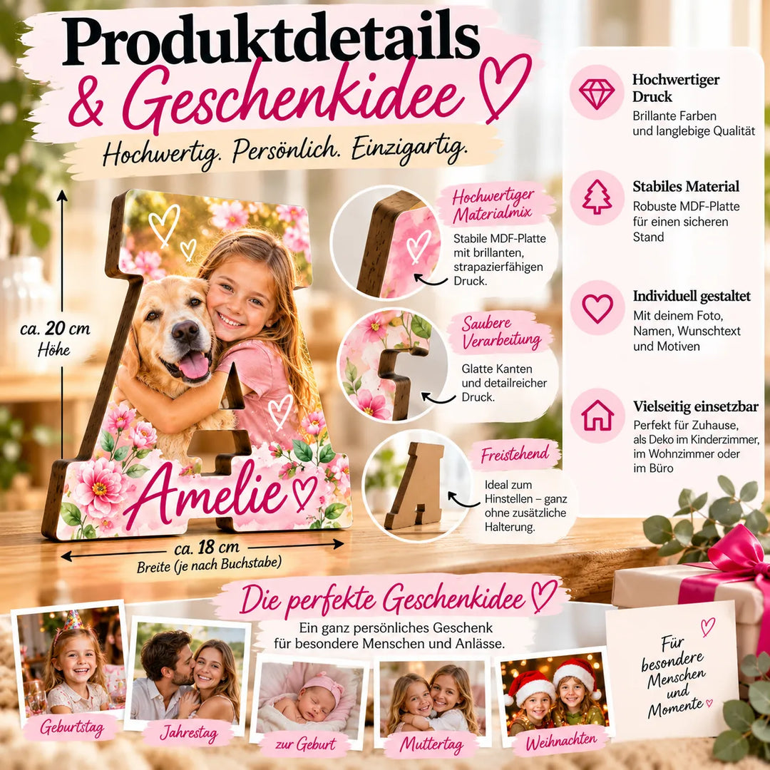 Personalisierter Fotobuchstabe mit hochwertigem Druck, stabilem Material und freistehender Aufstellung als persönliche Geschenkidee