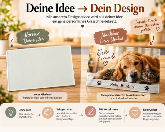 Designservice für personalisiertes Glasschneidebrett – individuelle Gestaltung nach deinen Wünschen mit Foto, Namen, Text oder Motiv