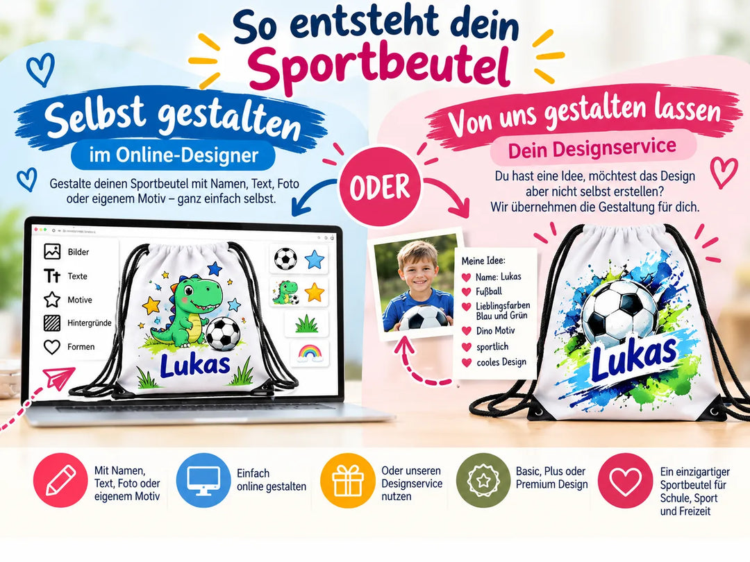 Personalisierten Sportbeutel mit Name, Foto oder Motiv selbst gestalten oder mit Designservice erstellen lassen