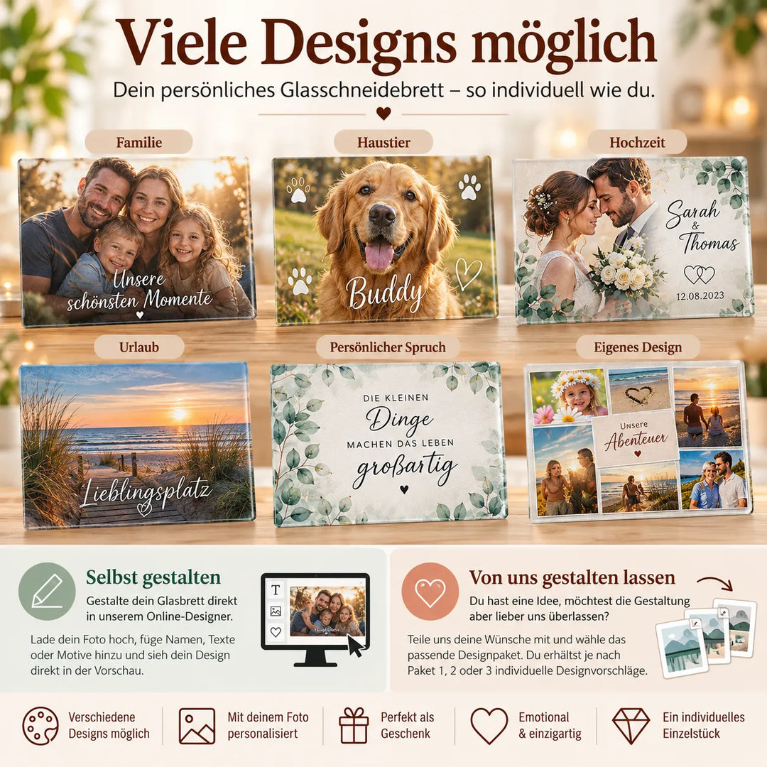 Personalisiertes Glasschneidebrett mit Foto, Name, Wunschtext oder eigenem Design – selbst im Online-Designer gestalten oder Designservice nutzen