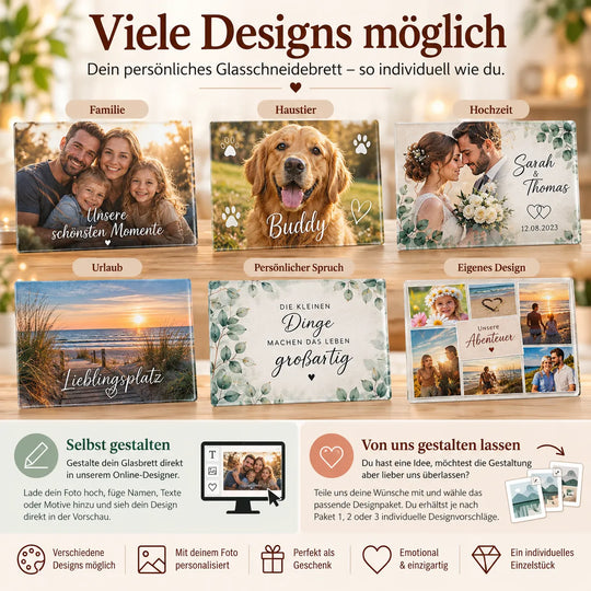 Personalisiertes Glasschneidebrett mit Foto, Name, Wunschtext oder eigenem Design – selbst im Online-Designer gestalten oder Designservice nutzen