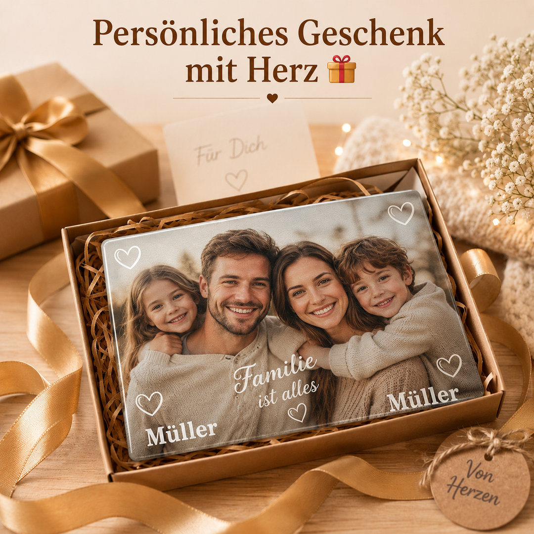 Personalisiertes Glasschneidebrett mit Familienfoto und Namen als persönliches Geschenk